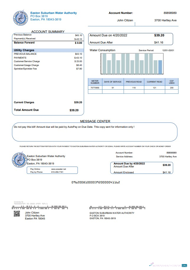 download USA Eastern Suburban Water Authority utility bill template in Word and PDF format PDF template